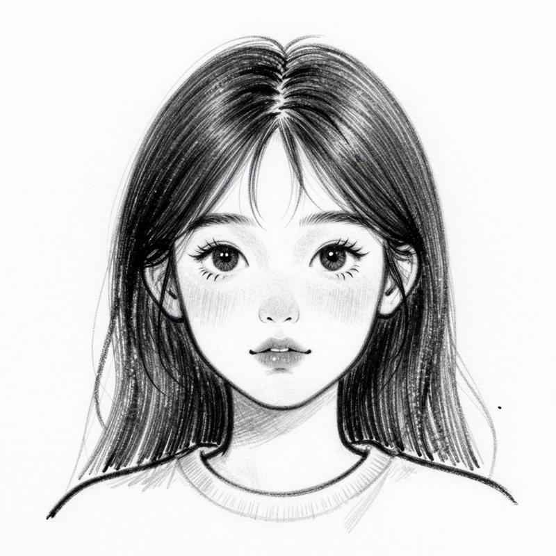 Pencil sketch of a young girl with long hair and large, expressive eyes.