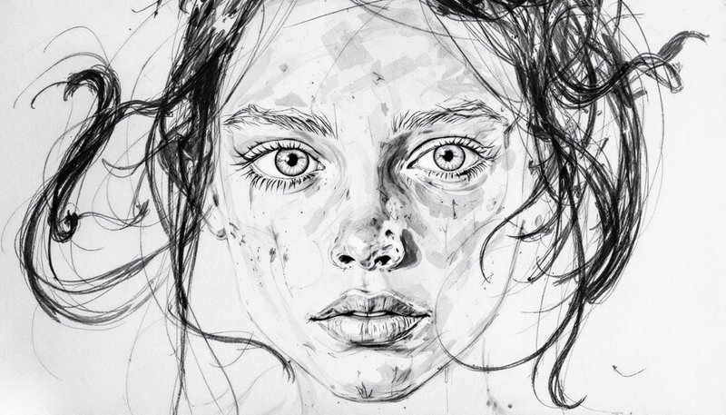 Pencil sketch portrait of a woman's face with windswept hair in grayscale.