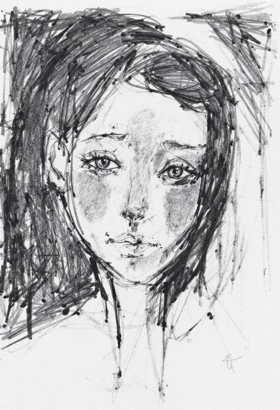 Sketch of a young girl's portrait in charcoal with soft shading and expressive eyes