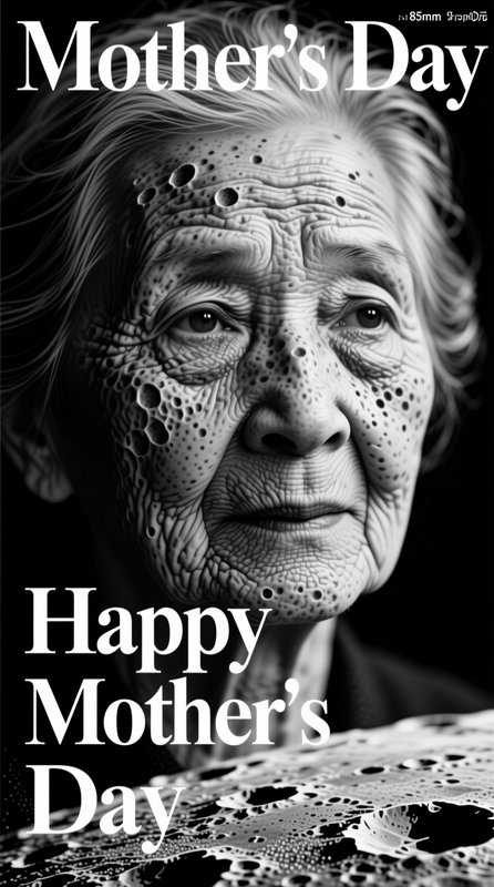 Black-and-white close-up portrait of an elderly woman with textured, dotted skin on a Mother's Day magazine cover
