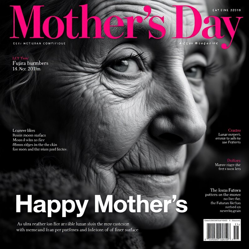 Close-up black-and-white portrait of an elderly woman's face on a Mother's Day magazine cover.