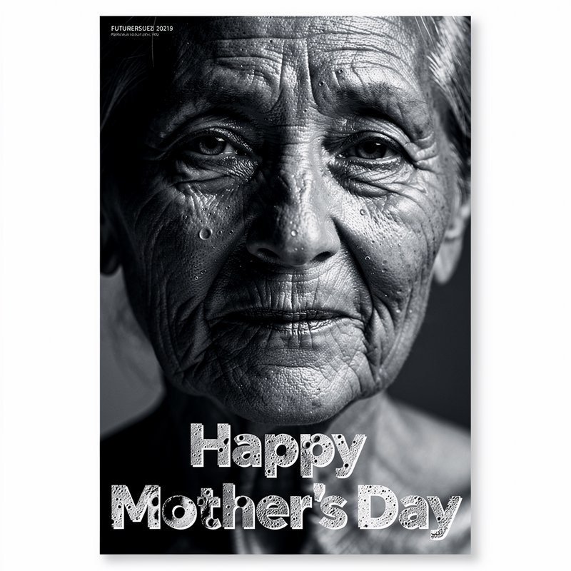 Close-up black-and-white portrait of an elderly woman with wrinkles and water droplets, "Happy Mother's Day" text.