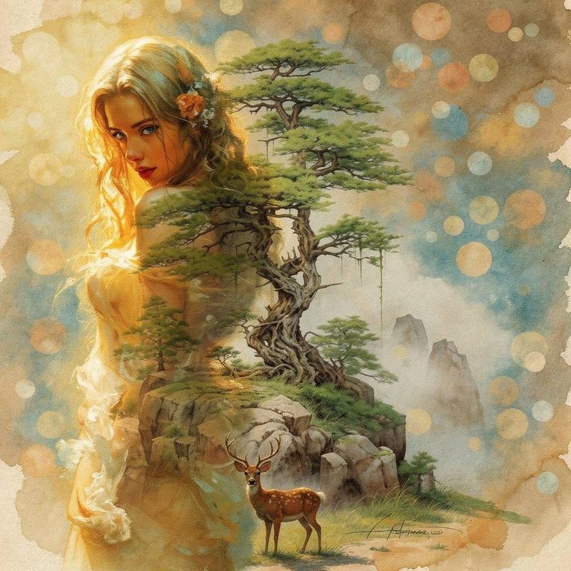 Double exposure portrait of a woman blended with a rocky landscape and a bonsai-style tree, with a deer in the foreground.