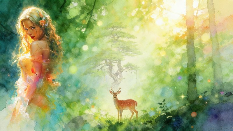 Dreamy forest scene with an ethereal woman in a pastel dress and a deer amid glowing dappled light.