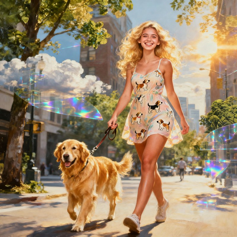 Young woman in a dog-print sundress walking a golden retriever on a sunny city street.