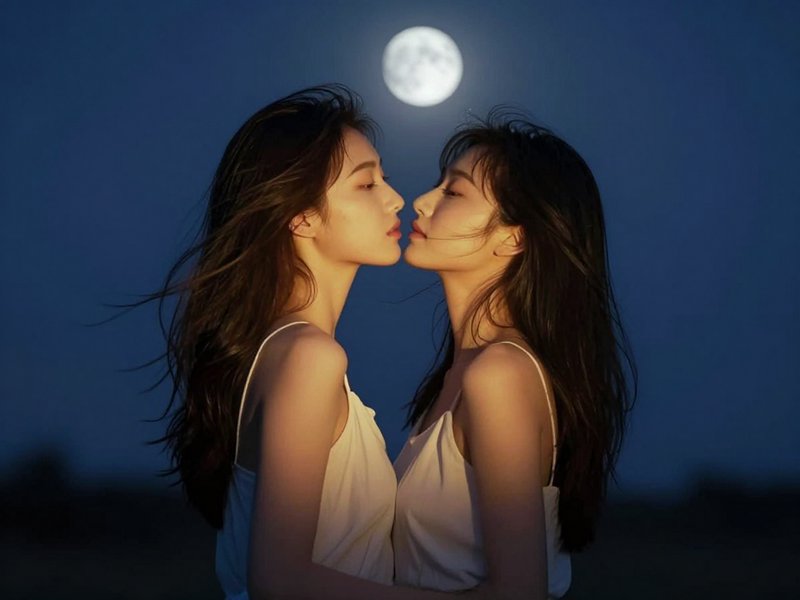 Two women in white dresses kissing under a full moon in a moonlit night.