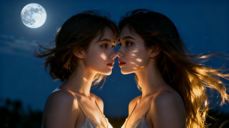 Two women face each other in a moonlit night, with soft lighting on their faces and wind in their hair.