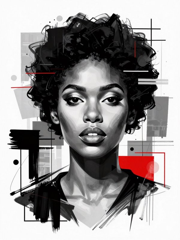 Monochrome digital portrait of a Black woman with curly hair, surrounded by abstract geometric shapes and red accents.