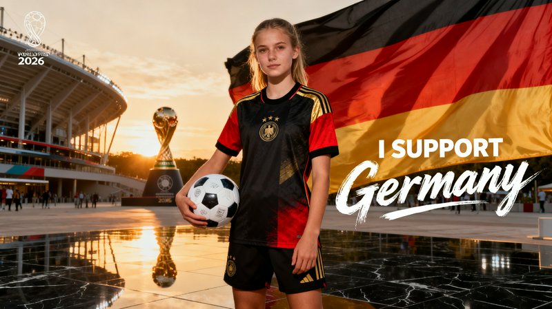 Young girl in Germany soccer kit holding a ball with a large German flag backdrop at a stadium sunset.