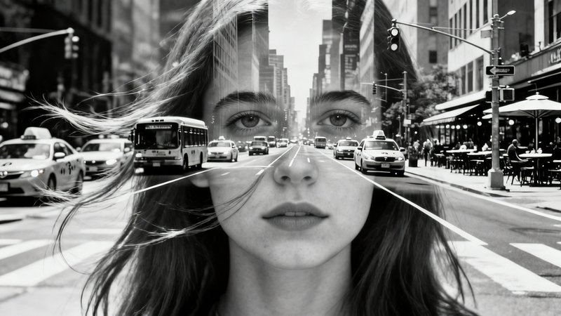 Black-and-white double exposure of a woman's face over a busy city street scene