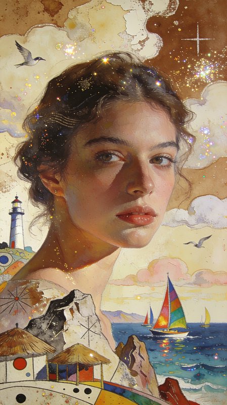 Dreamy portrait of a woman's face blending into a seaside landscape with lighthouse and sailboats