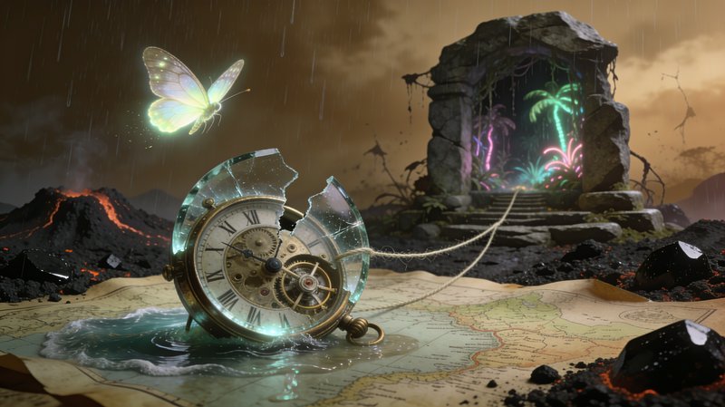 Broken pocket watch on a map with a glowing butterfly and neon-lit ruins in a rainy, volcanic landscape.