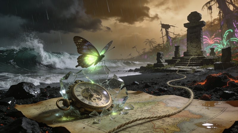 Shattered crystal shard with a pocket watch and glowing butterfly on a map by a stormy shoreline.