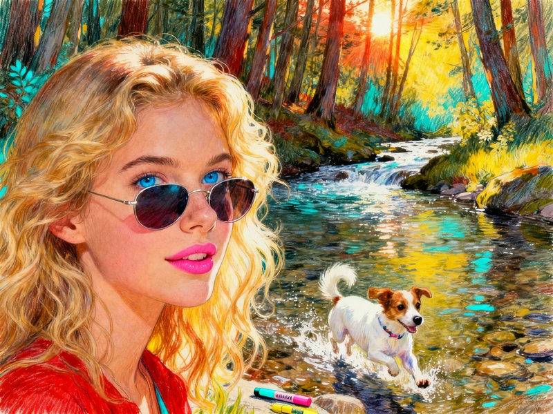 Colored pencil artwork of a blonde woman near a sunlit forest creek, as a Jack Russell terrier splashes through the