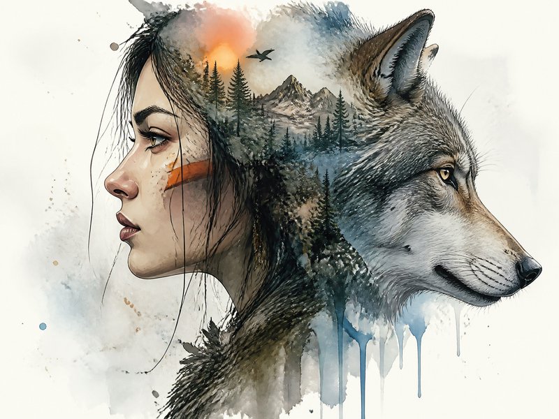 [Double exposure watercolor art merging a woman's profile, gray wolf, pine mountain forest, and sunset in a shared silhoue...