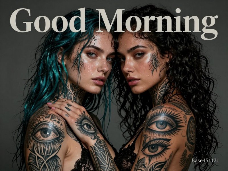Stylish Good Morning graphic featuring two heavily tattooed women posed close together forehead-to-forehead against a
