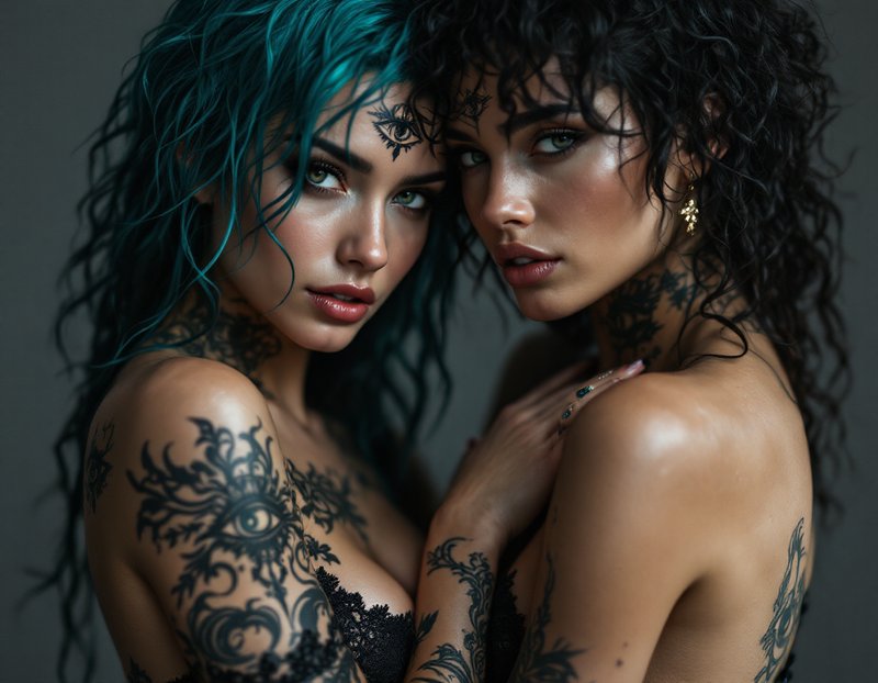 Two tattooed women with curly hair and matching third eye face tattoos pose close together in moody studio lighting