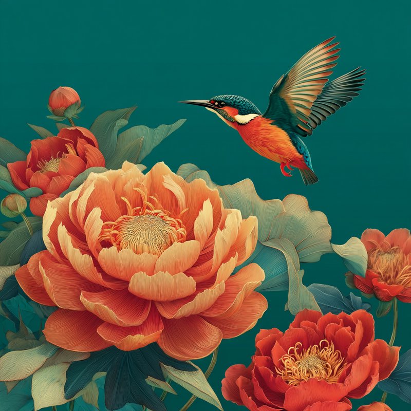 Colorful flying kingfisher hovers above large orange peony blooms against a rich deep teal background