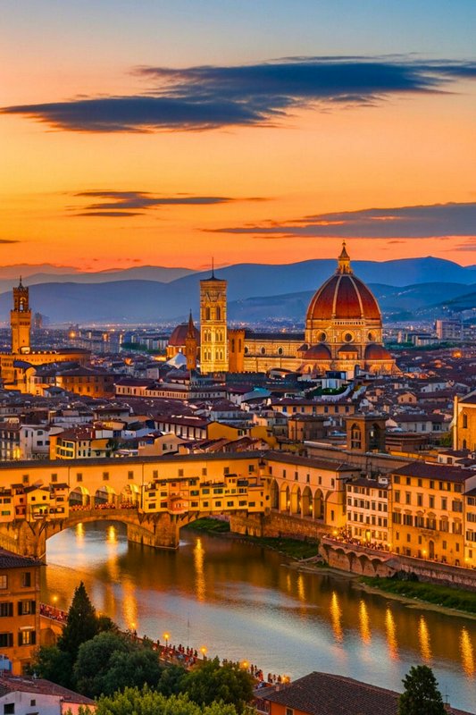 [Aerial sunset view of Florence, Italy, featuring the Duomo and Ponte Vecchio bridge spanning the Arno River]