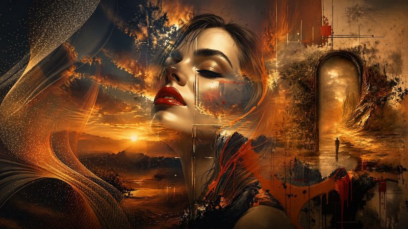 Surreal double exposure portrait of a woman layered over a dramatic golden sunset landscape and glowing archway scene.