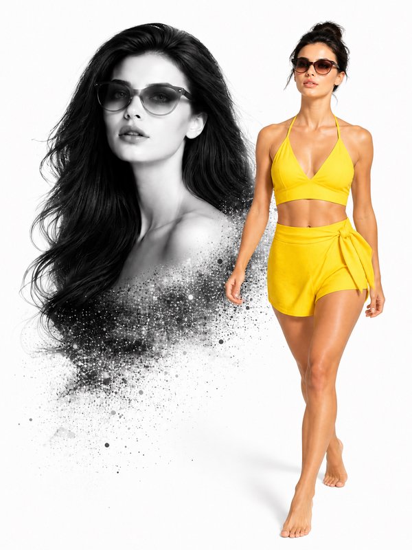 Composite fashion art of woman in bright yellow two-piece set walking beside grayscale dissolving portrait of herself in