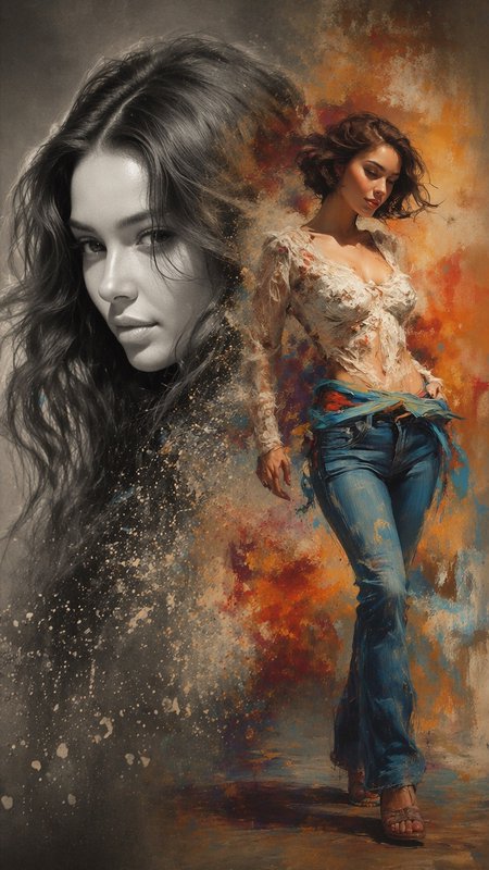 [Painterly dual portrait: grayscale woman face closeup left, full-color standing casual woman right, warm abstract splatte...