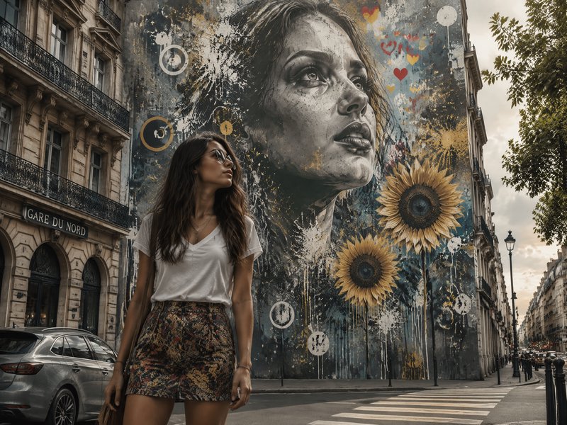 Stylish young woman stands on a Paris crosswalk in front of a towering portrait street art mural near Gare du Nord