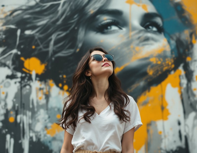 Young woman in sunglasses looks upward, standing before a vibrant grayscale street mural with orange paint splatters.