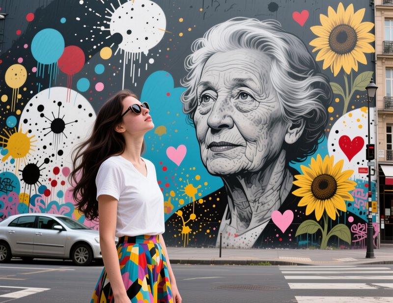 Young woman in a colorful geometric skirt stands on a city crosswalk before a vibrant pop-art street mural of an elderly