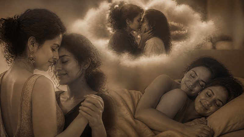 Sepia toned composite artwork of an affectionate queer South Asian couple across intimate loving shared moments