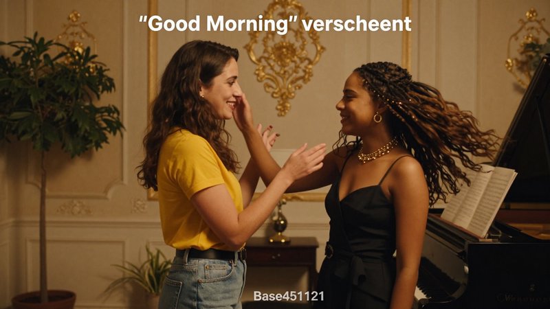 Two smiling women share a playful interaction next to a grand piano in a warm, ornate gilded music room.