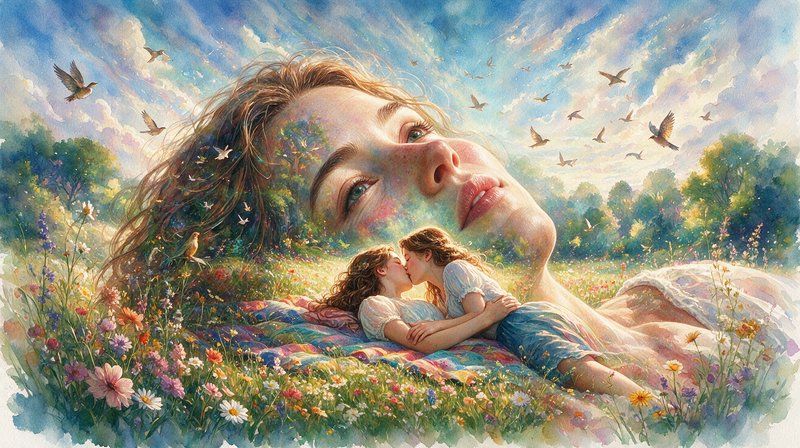 Surreal double exposure watercolor of a gentle nature goddess overlooking a kissing couple on a sunlit wildflower meadow