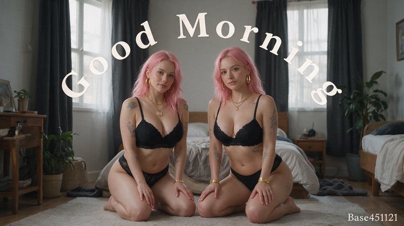 Two pink-haired women in matching black lingerie kneel in a sunlit cozy bedroom, with curved "Good Morning" text overlay.
