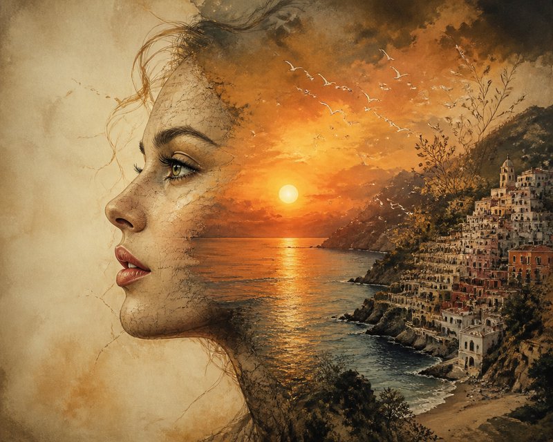 Surreal double exposure of a woman's profile blended with a glowing golden Mediterranean coastal sunset landscape.