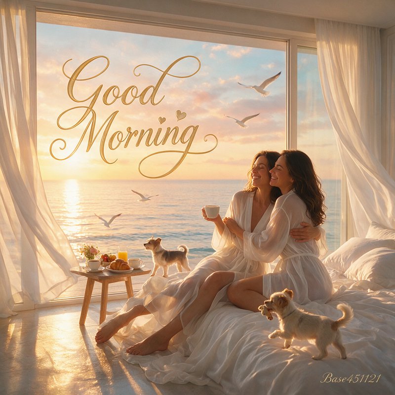 Elegant Good Morning graphic of happy couple enjoying ocean sunrise breakfast in bed with small dogs