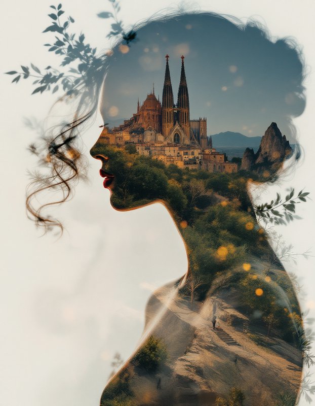 Surreal double exposure of a woman's profile silhouette blended with a castle landscape, greenery, and delicate foliage.