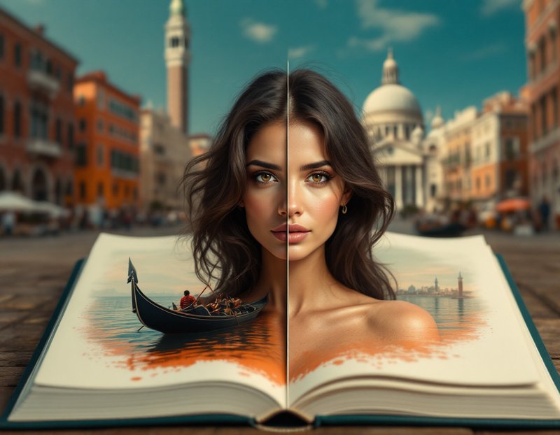 Surreal composite art merging a woman's portrait, open story book, and Venice gondola cityscape