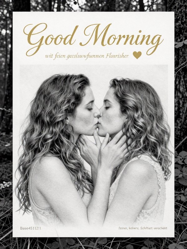 [Good Morning greeting card with a black and white portrait of two women kissing, framed by natural forest foliage]