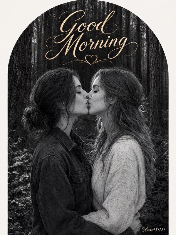 [Arched monochrome greeting graphic of a queer couple kissing in a forest, with gold cursive "Good Morning" text above]