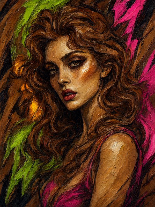 Impasto oil portrait of a glamorous woman with long wavy chestnut hair, rendered in thick expressive colorful brushstrokes