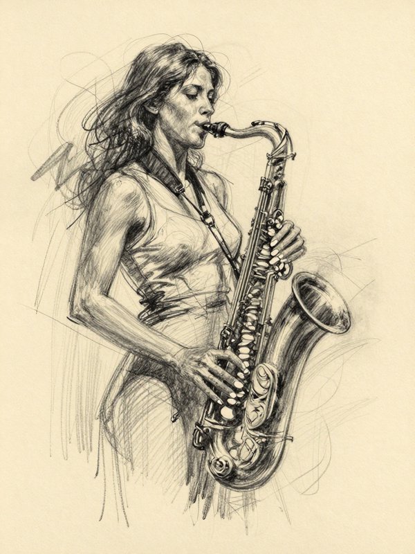 Expressive pencil sketch of a focused female musician playing a tenor saxophone on warm cream toned paper