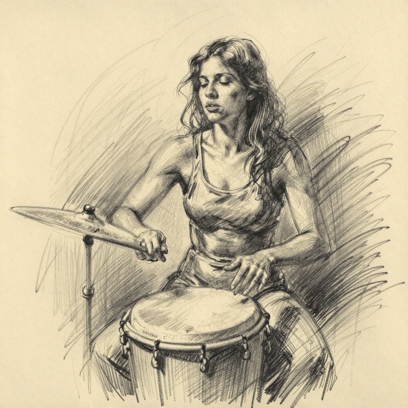 [Expressive pencil sketch of a concentrated female drummer playing a conga drum and cymbal on warm beige sketch paper]