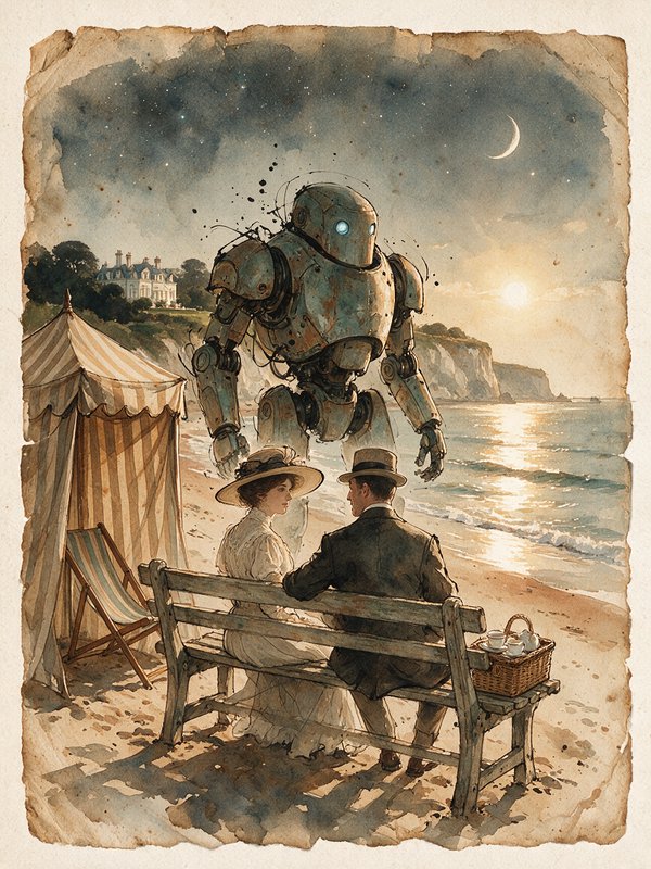 [Watercolor illustration of Edwardian beach couple with a large weathered steampunk robot at a twilight coastal shore]