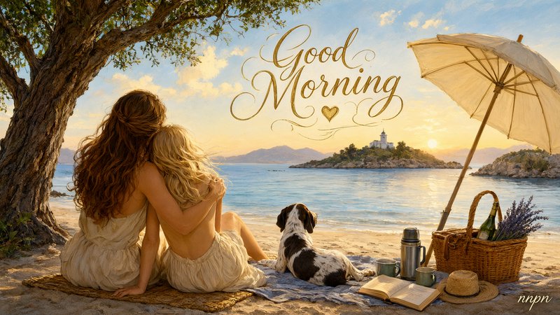 [Hand-lettered Good Morning graphic of two hugging women and a spotted dog enjoying a sunrise beach picnic overlooking a c...
