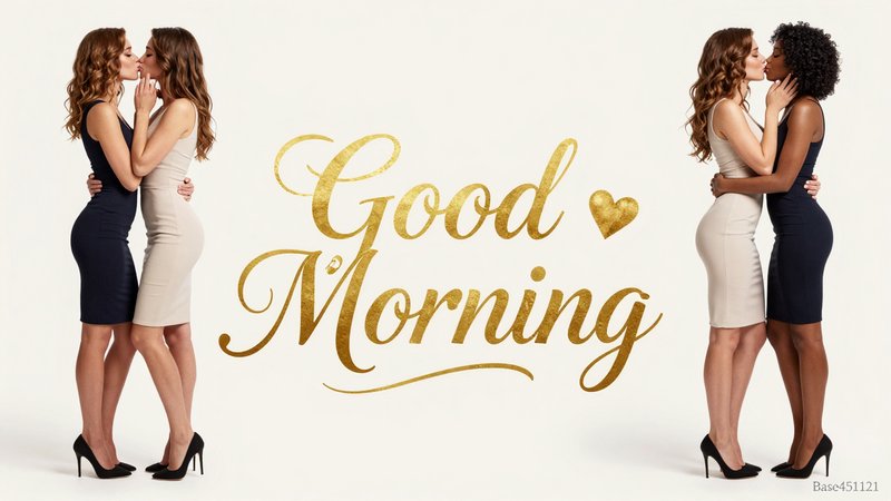 [Gold cursive "Good Morning" greeting flanked by affectionate kissing queer couples on a soft cream background]