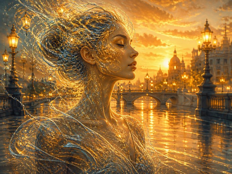 [Surreal portrait of a translucent water woman set against a golden sunset historic canal cityscape with ornate stone bridge]