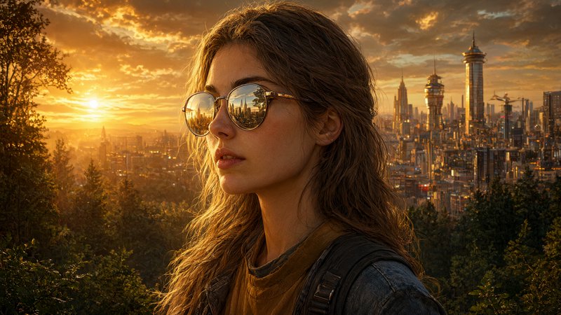 [Young woman with reflective round sunglasses overlooks a futuristic city skyline from a forested hill at golden sunset]