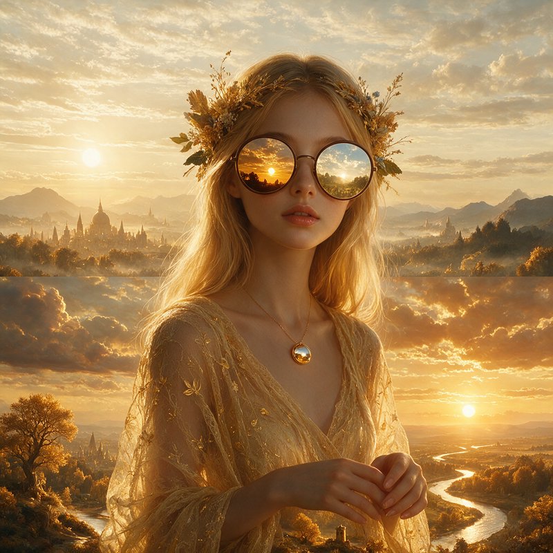 Blonde woman with golden flower crown and reflective round sunglasses, set against a glowing golden fantasy sunset landscape