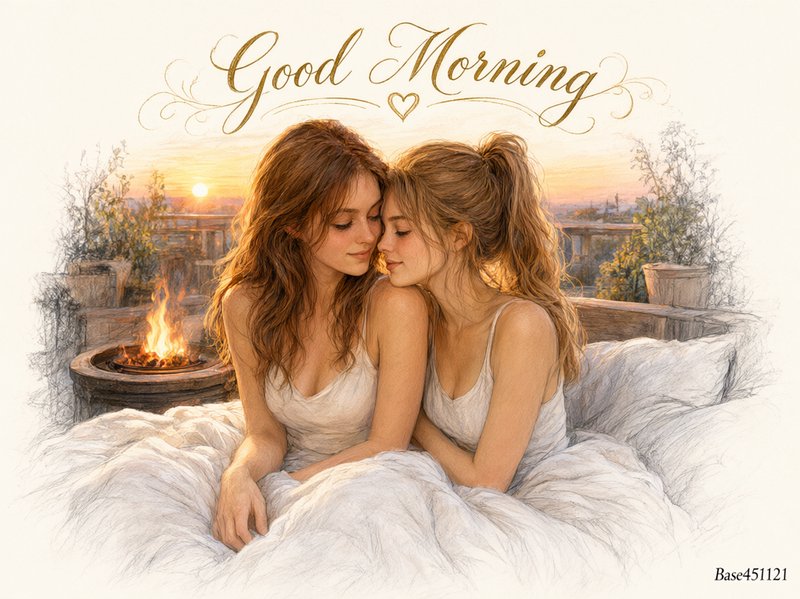 [Elegant "Good Morning" greeting illustration of two affectionate women cuddling on a rooftop terrace at golden sunrise]