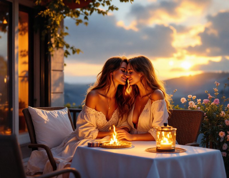 [Intimate couple touching foreheads at candlelit terrace dinner during golden hour mountain sunset]